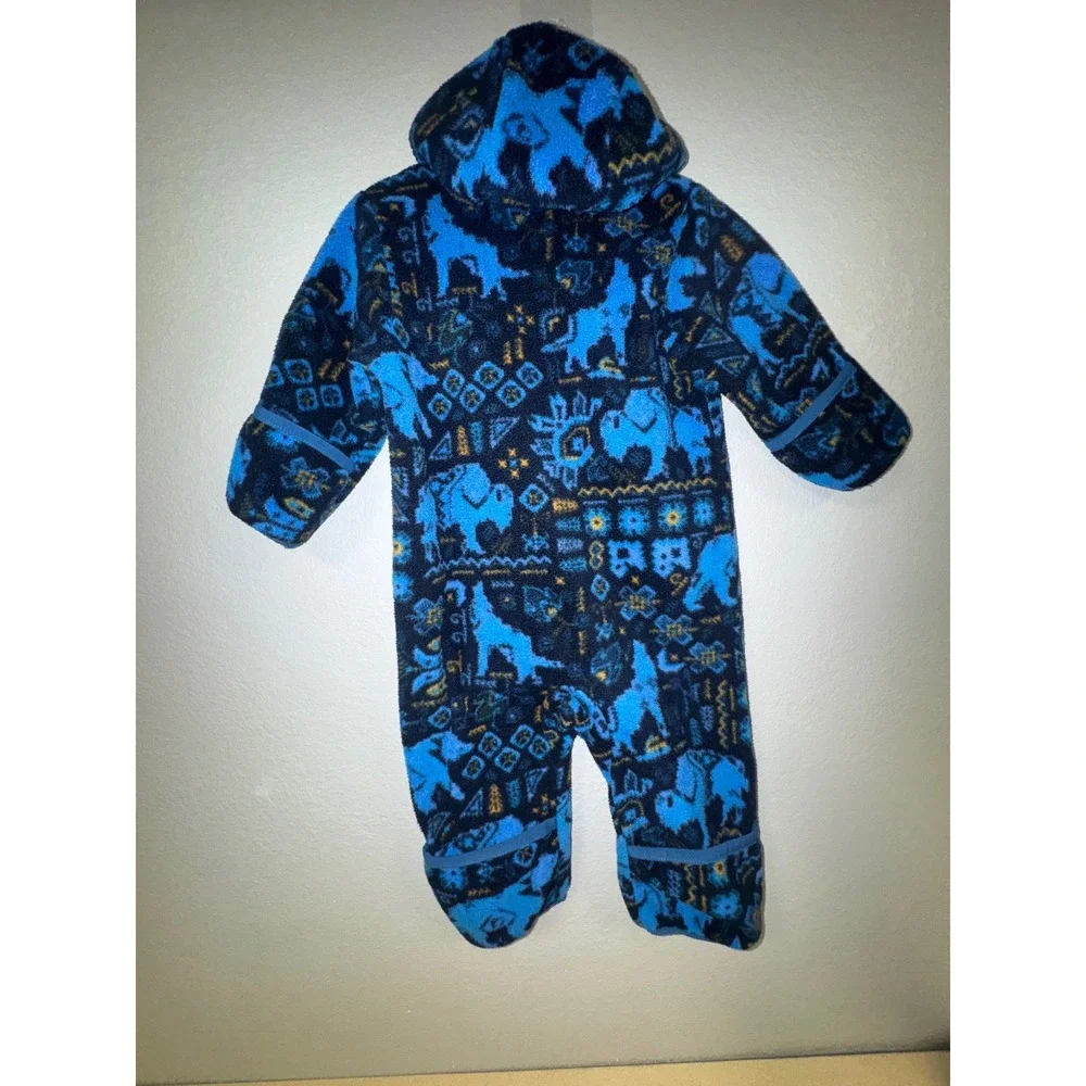 Columbia Infant Fleece Bunting Blue Bear Wolf Aztec Print Hooded Romper 6-12M